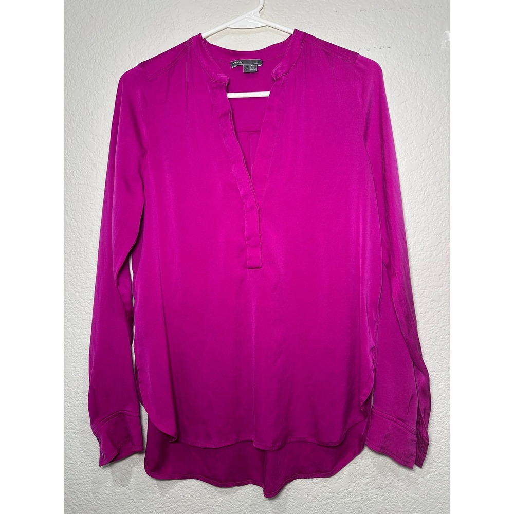 Vince Silk Blend Magenta Pink Split Neck Long Sleeve Blouse Top Size 6